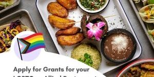 Image of restaurant food with a progress pride flag, grub hug, NGLCC and Mid-America LGBT Chamber Logo with a title that says apply for a grant for your LGBTQ or allied restaurant