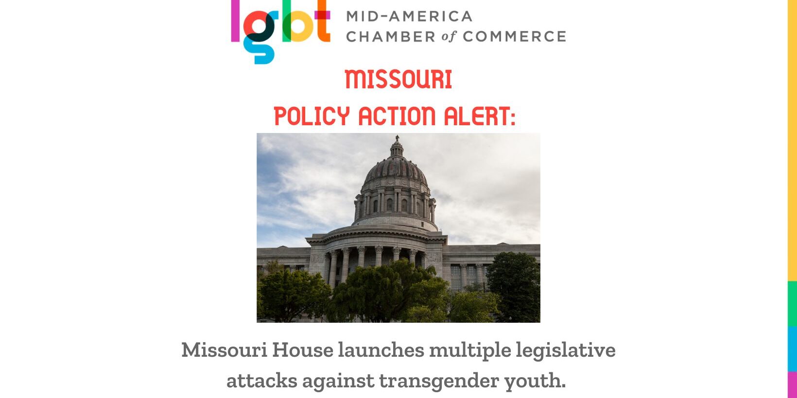 Missouri Capitol with headline Missouri House launches multiple legislative attacks against transgender youth